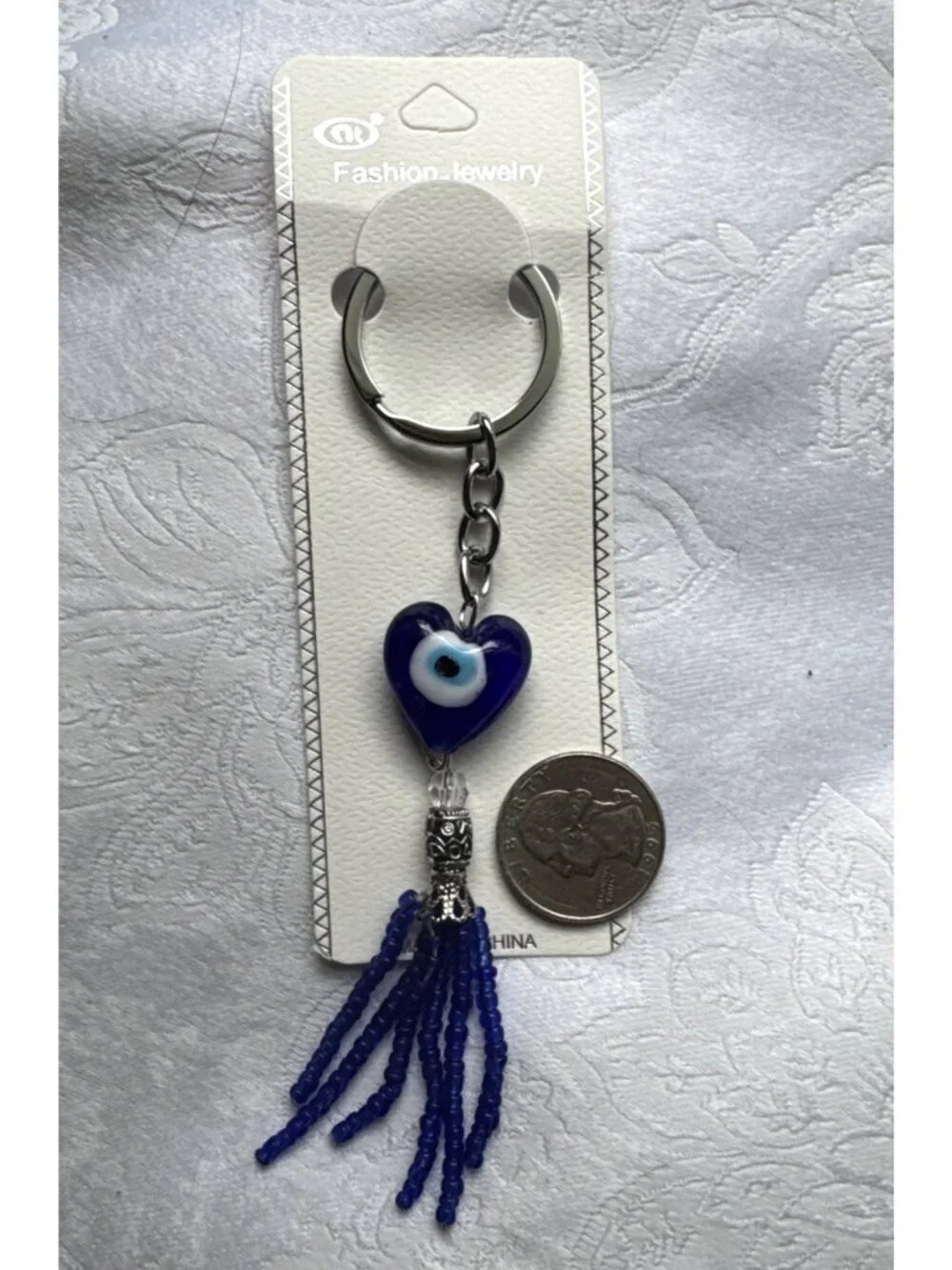 NEW Silvertone Blue Evil Eye Heart Keychain Blessing Protection Tassel Beads